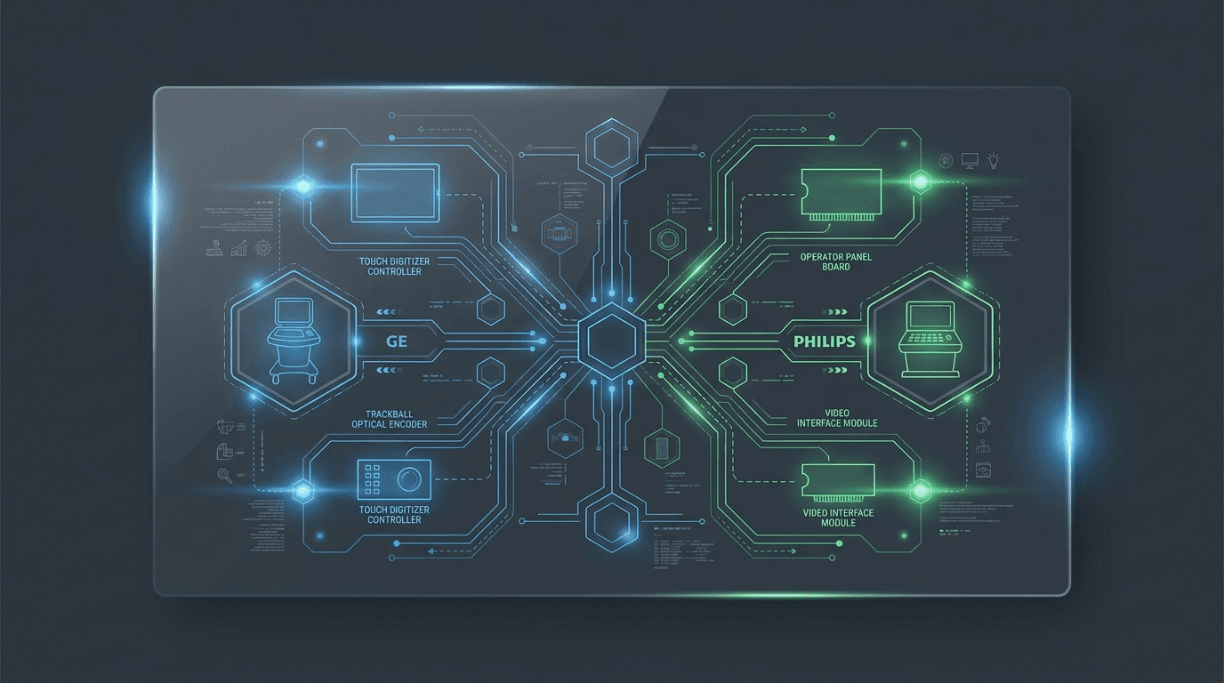 Ultrasound control panel, touch screen, trackball, and video board diagnostic decision path showing four-lane subsystem isolation across GE, Philips, and Siemens consoles