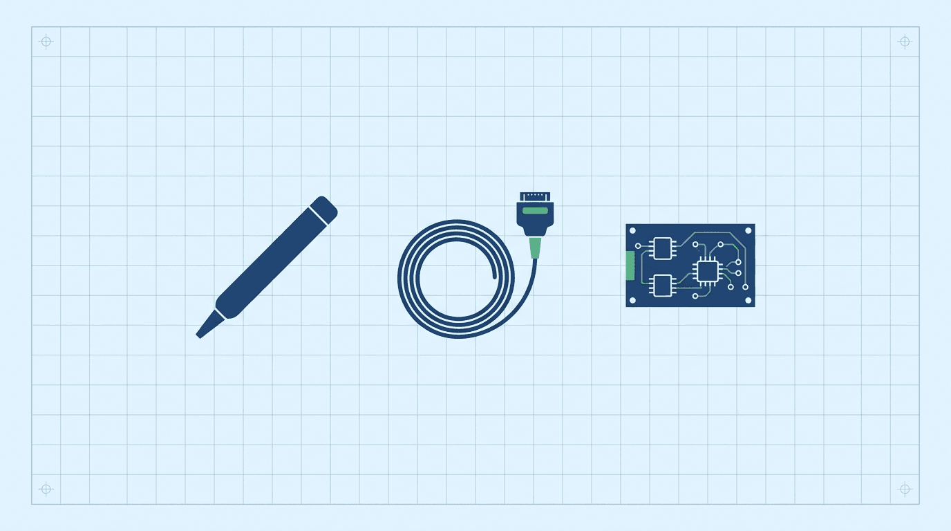 Editorial technical graphic of a pencil-style ultrasound probe, a probe cable connector, and a small analog circuit board used to isolate Continuous-Wave Doppler failures