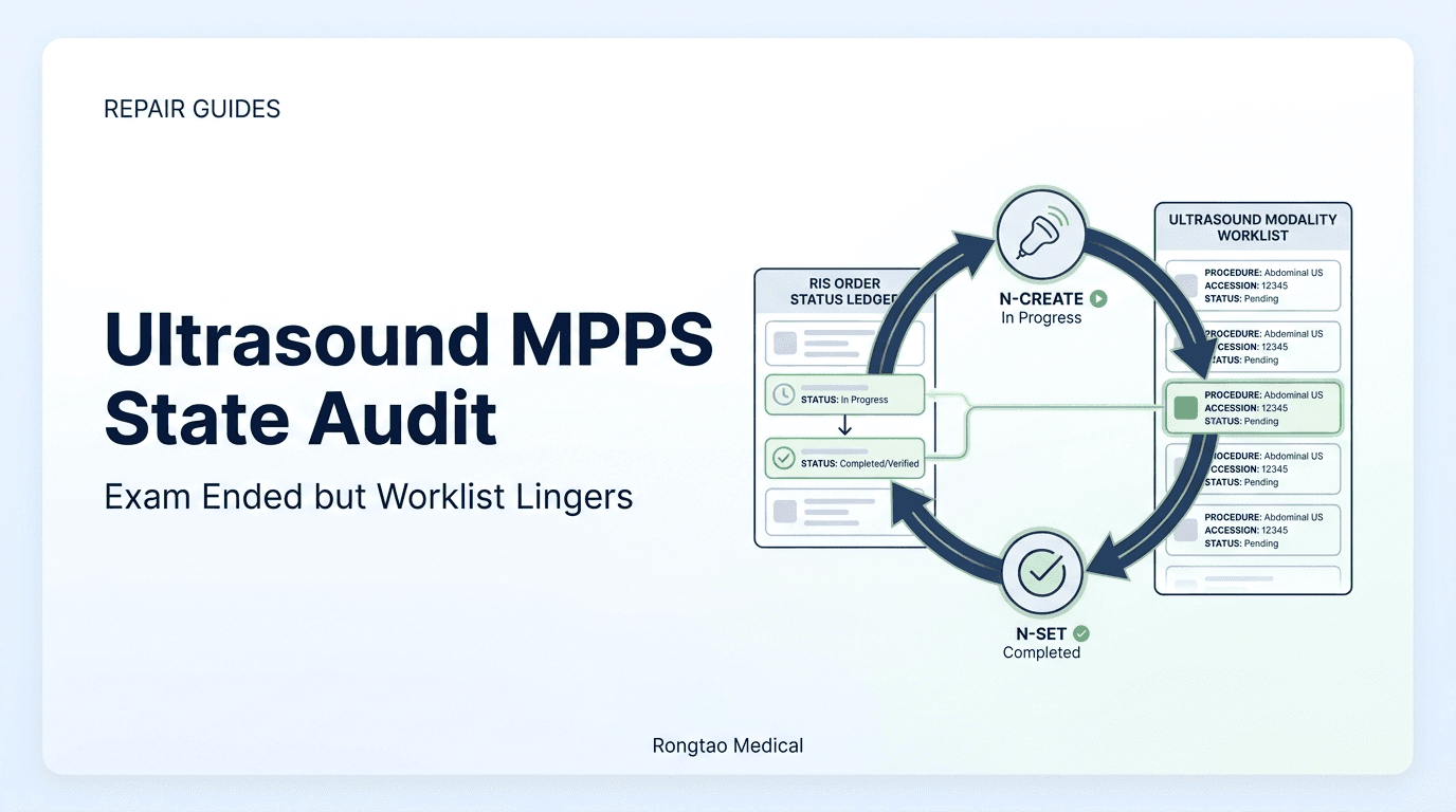 Ultrasound MPPS state audit diagram showing N-CREATE In Progress and N-SET Completed transitions between an ultrasound modality worklist and an RIS order status ledger.