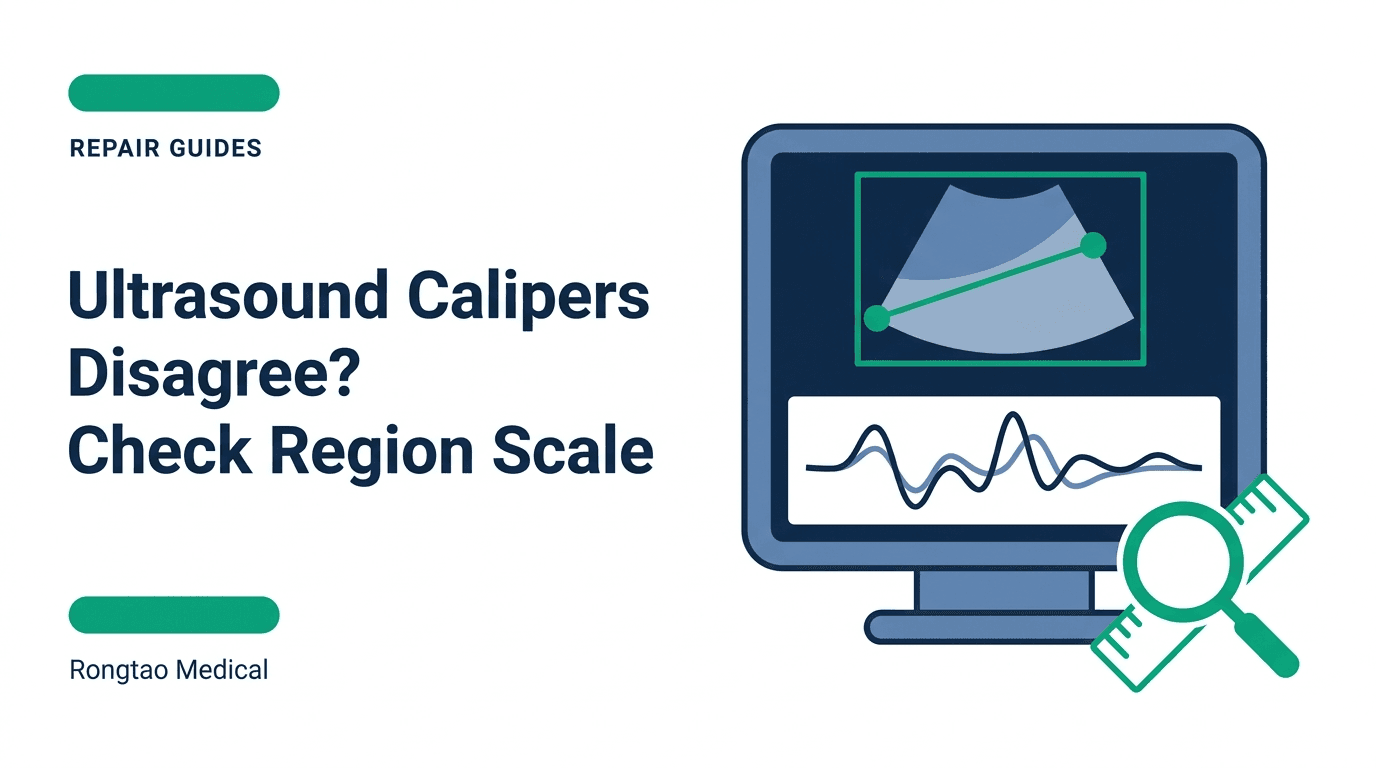 Editorial diagram of an ultrasound workstation display split into calibrated regions with a geometric caliper line and inspection lens, titled Ultrasound Calipers Disagree? Check Region Scale.