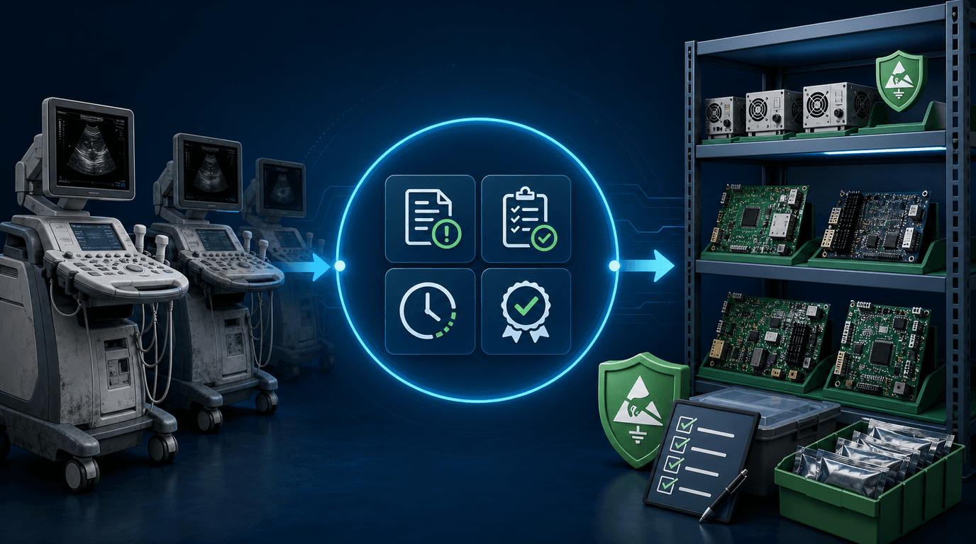 Ultrasound end-of-service critical spares prioritization matrix diagram comparing Siemens, Philips, and GE platform board stock priorities, last-time-buy triggers, and supply risk levels