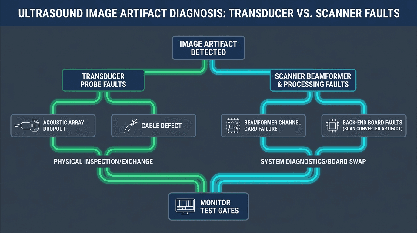 Technical editorial diagram illustrating ultrasound image artifact diagnosis separating transducer probe faults from scanner beamformer front-end, back-end processor, and display failure modes