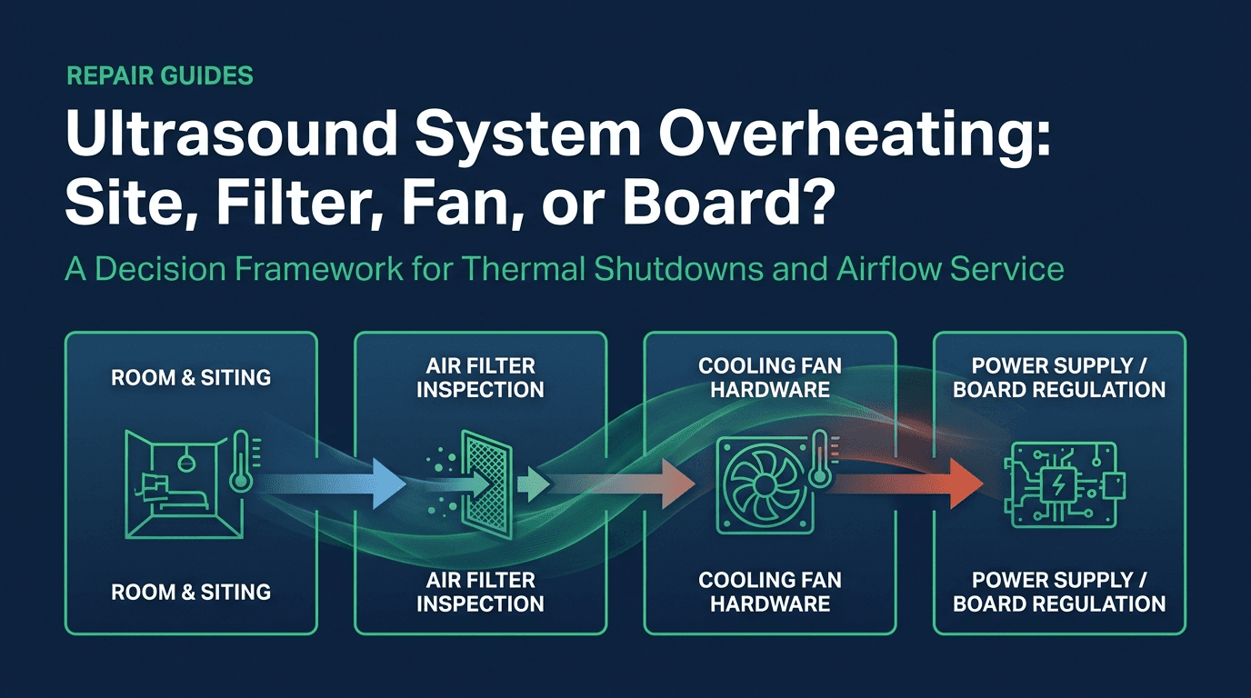 Repair Guides editorial cover for Ultrasound System Overheating: Site, Filter, Fan, or Board? showing a four-step path from room siting to air-filter inspection, cooling-fan hardware, and power-supply or board service