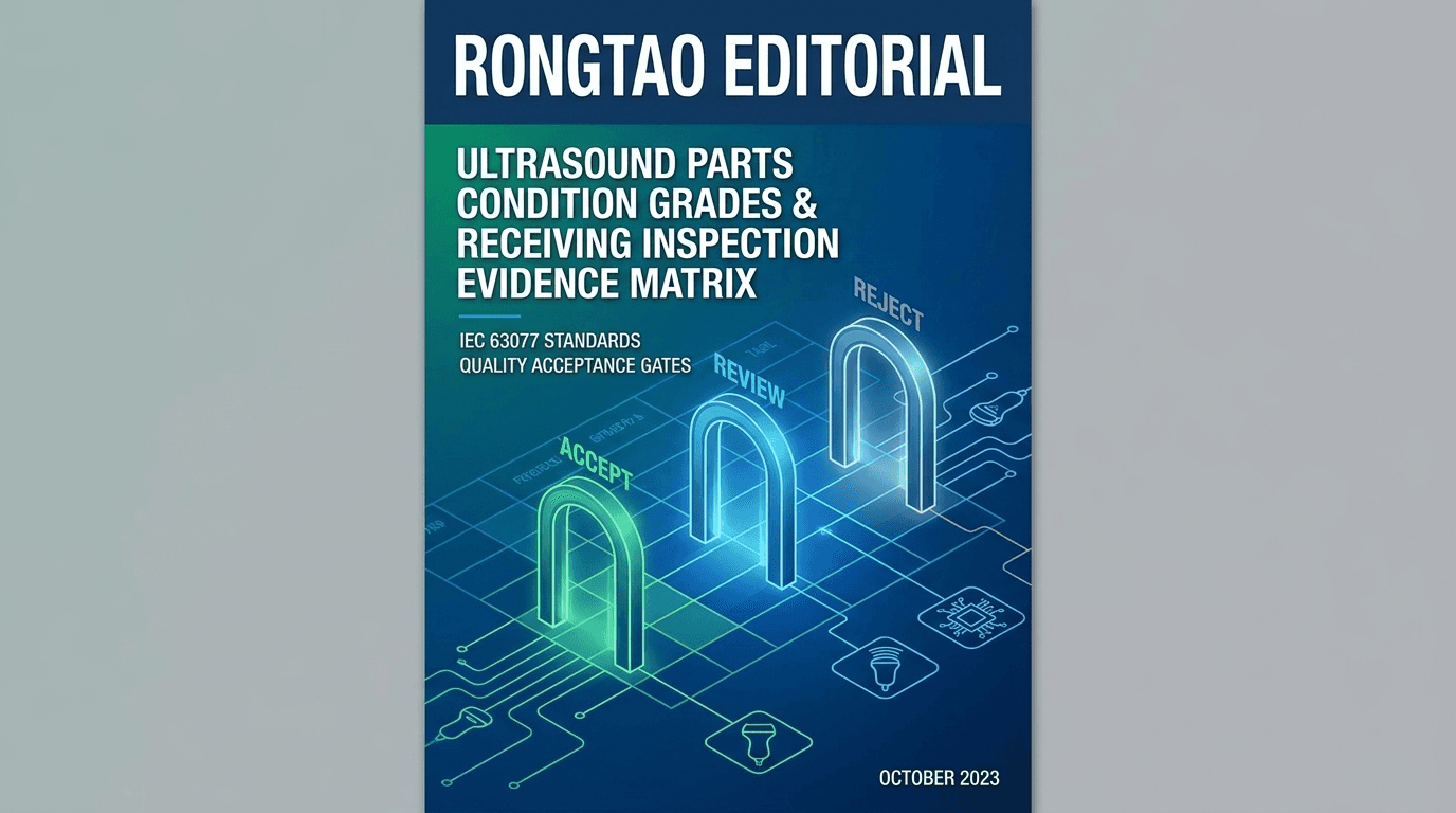 Ultrasound replacement parts condition grades taxonomy and receiving inspection evidence matrix showing IEC 63077 standards and test gates