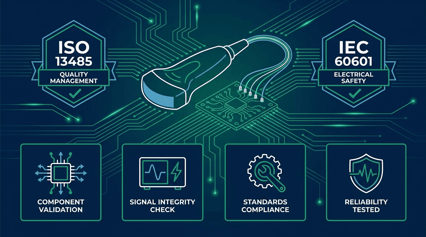 Standards and QMS evidence framework for ultrasound replacement parts showing ISO 13485, IEC electrical safety, and FDA QMSR compliance verification