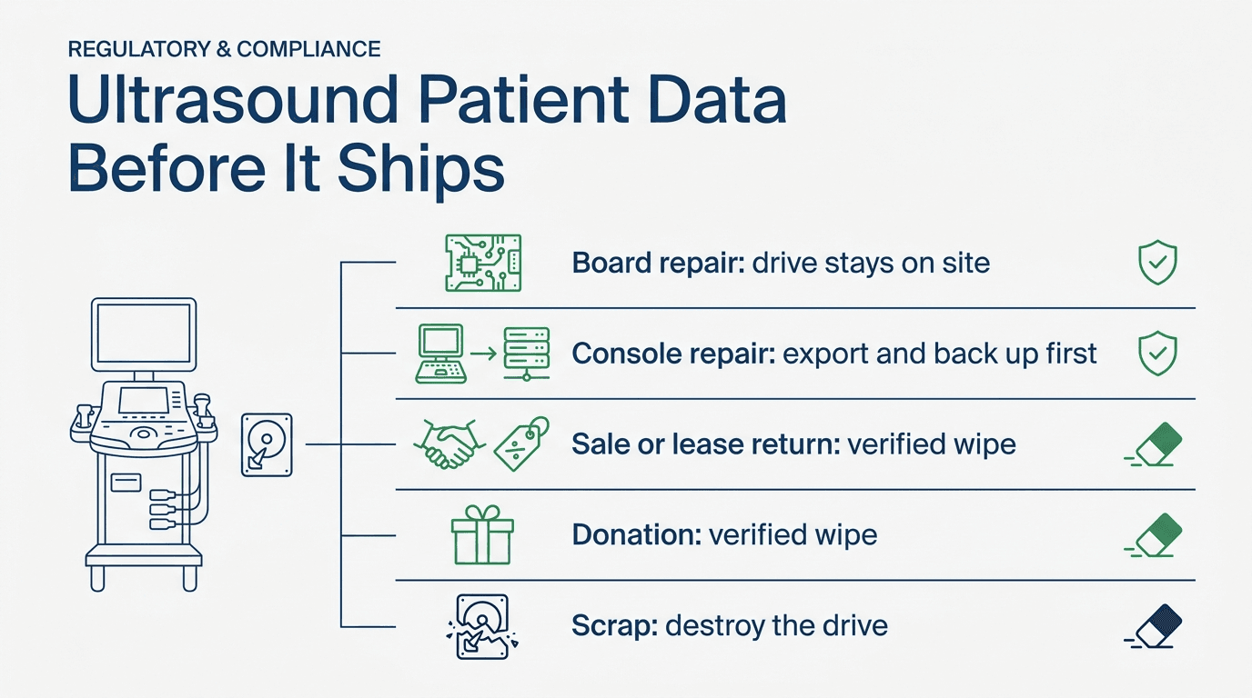 Ultrasound shipment planning graphic with five destinations: board repair, console repair, sale or lease return, donation and scrap, summarizing storage retention, backup, verified sanitization and destruction decisions.
