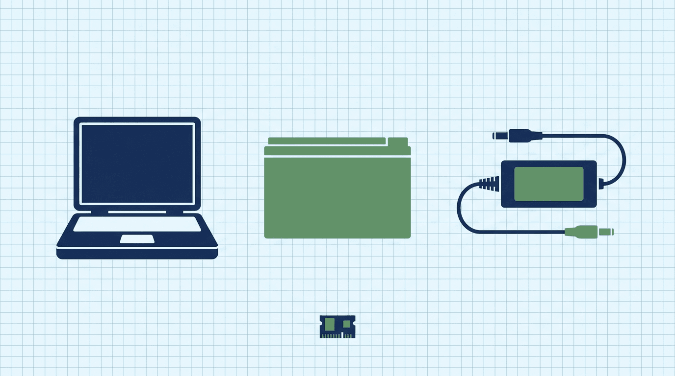 Editorial graphic of a laptop ultrasound console, a sealed battery pack, and a medical AC adapter used to isolate portable no-power faults