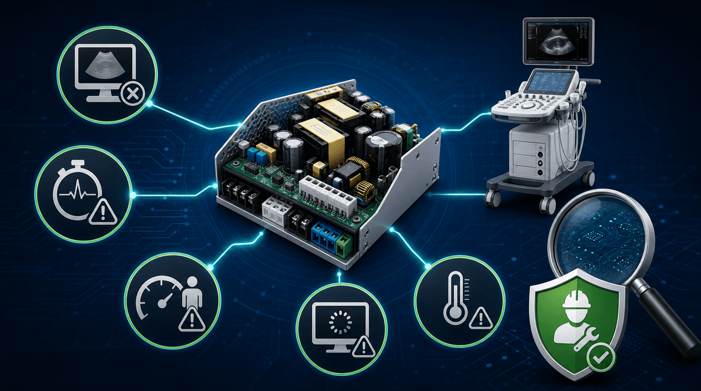 Ultrasound power supply diagnostic decision path showing five-presentation triage across GE LOGIQ, Voluson, Vivid, Philips iU22, EPIQ, and Siemens Acuson consoles