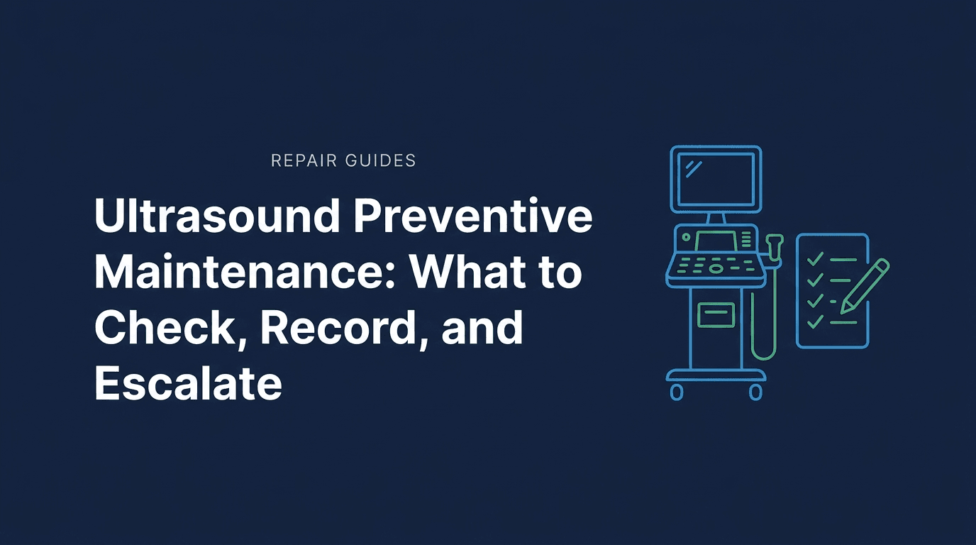 Repair Guides editorial cover titled Ultrasound Preventive Maintenance: What to Check, Record, and Escalate, with a line drawing of an ultrasound cart beside a checklist