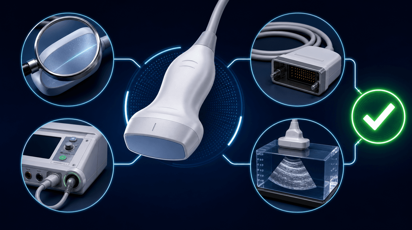 Ultrasound probe acceptance testing three-gate protocol diagram showing physical inspection, IEC 60601 electrical safety, in-air reverberation element dropout test, and tissue phantom QA