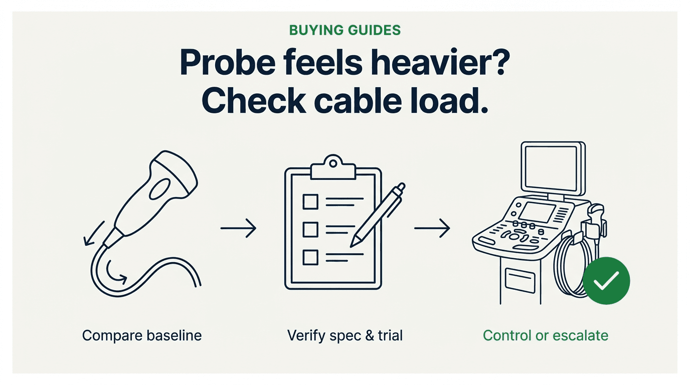 Editorial cover reading 'Probe feels heavier? Check cable load.': an ultrasound probe with downward cable pull labeled 'Compare baseline', an arrow to a checklist labeled 'Verify spec & trial', and an arrow to a cart-based ultrasound system with a cable holder and green checkmark labeled 'Control or escalate'.