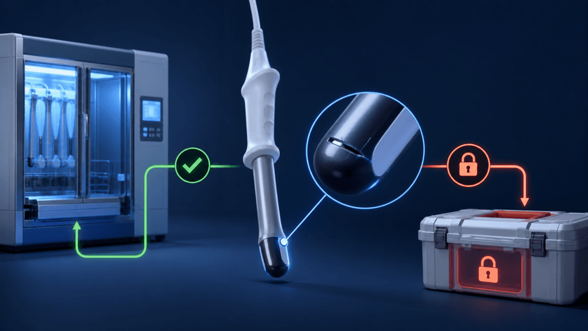 An endocavity ultrasound probe is inspected for a surface defect before high-level disinfection, with the damaged path directed to quarantine.