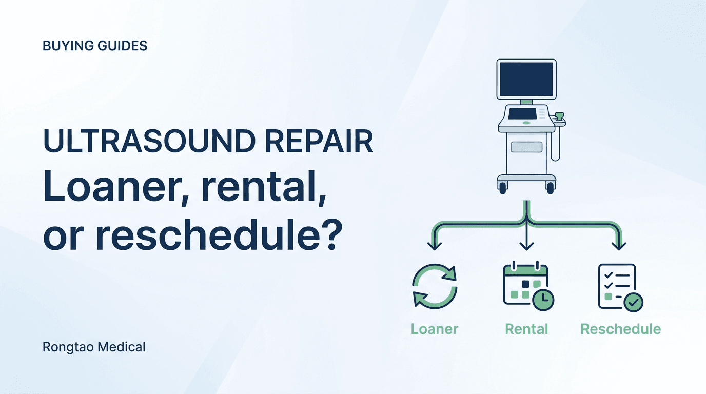 Editorial decision graphic showing an ultrasound cart branching into loaner, rental and rescheduling options, with a blue headline and green accents.