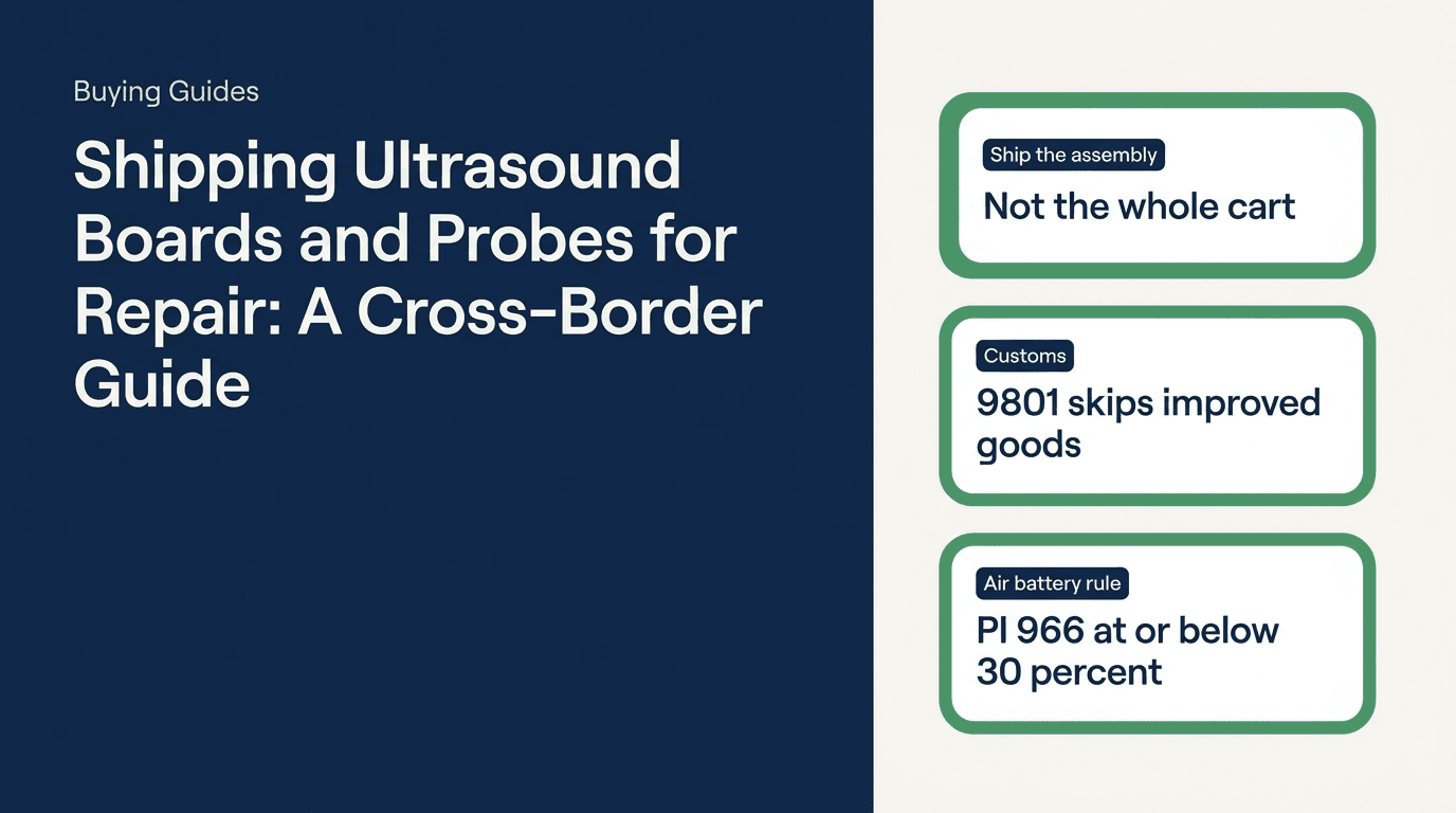 Buying Guides editorial cover titled Shipping Ultrasound Boards and Probes for Repair: A Cross-Border Guide, with decision cards for shipping the failed assembly rather than the cart, HTS 9801 not covering improved goods, and PI 966 at or below 30 percent state of charge