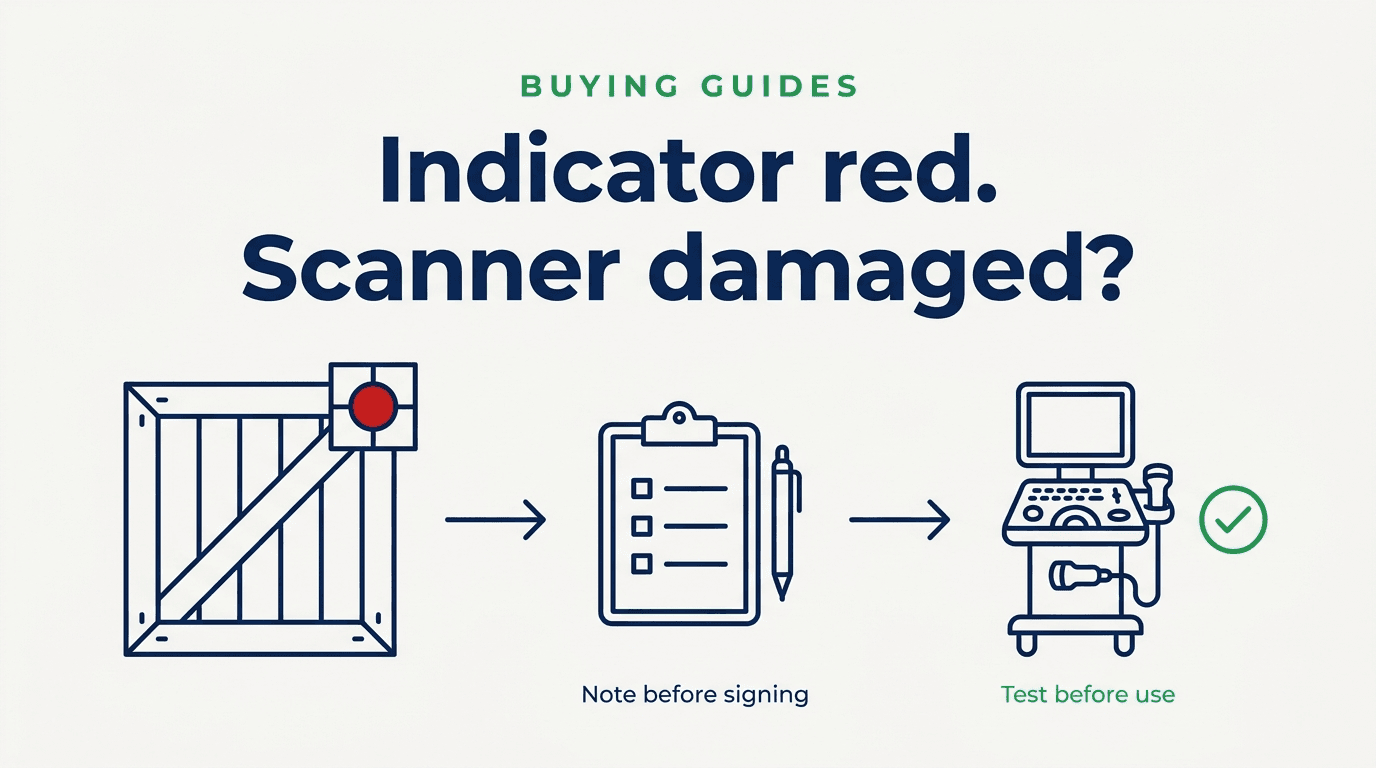 Editorial cover reading “Indicator red. Scanner damaged?”: a shipping crate with a red impact indicator, an arrow to a checklist labelled “Note before signing,” and an arrow to a cart-based ultrasound system with a green check labelled “Test before use.”