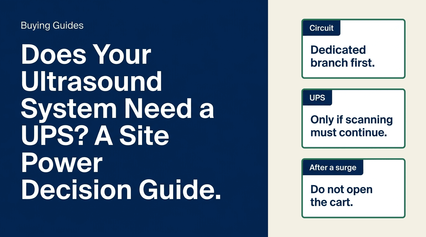Buying Guides cover titled Does Your Ultrasound System Need a UPS? A Site Power Decision Guide, with three cards: dedicated branch first, UPS only if scanning must continue, and do not open the cart after a surge