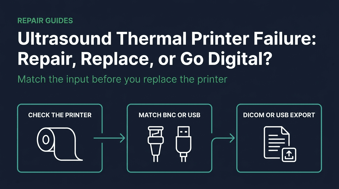 Repair Guides cover titled Ultrasound Thermal Printer Failure: Repair, Replace, or Go Digital, with steps to check the printer, match BNC or USB, and use DICOM or USB export