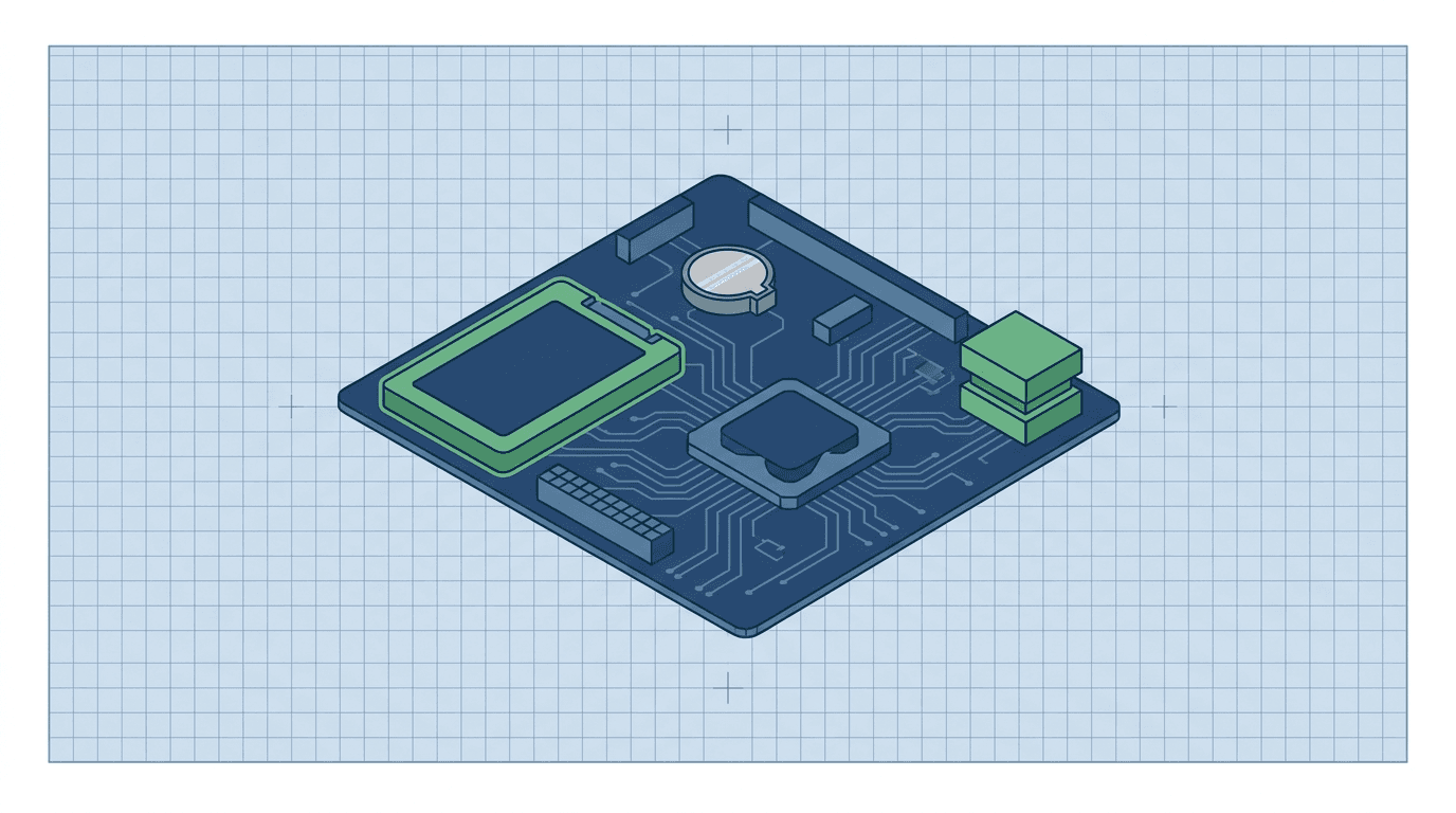 Editorial diagram of a power-present ultrasound boot-failure split among storage drive, CMOS coin cell, PC host motherboard, and power-supply rails