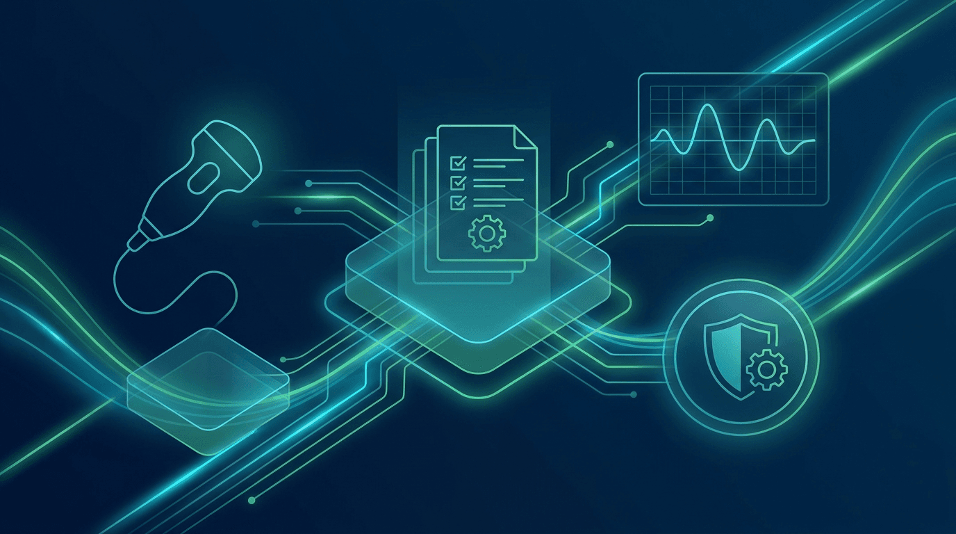 Ultrasound probe reliability evidence verification dossier showing ISO 13485 QMS scope checking, IEC 62353 leakage safety test validation, and FDA registration audit framework